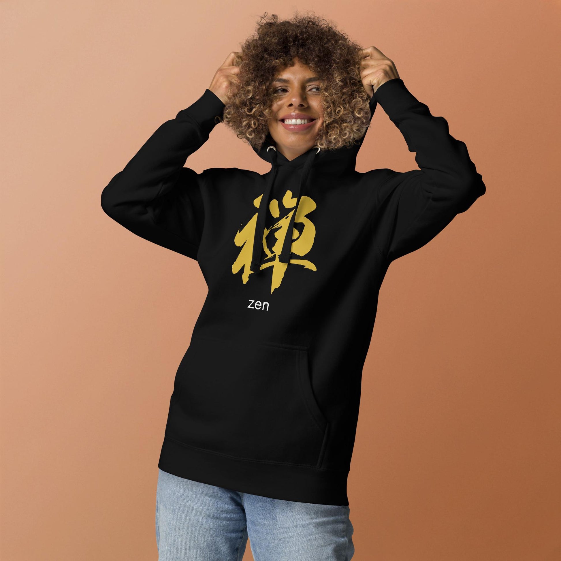 Zen Kanji Hoodie – Japanese “Zen” Calligraphy Hoodie, Gold Kanji Meditation Design, Minimal Aesthetic Unisex Black Hoodie, Mindfulness Gift