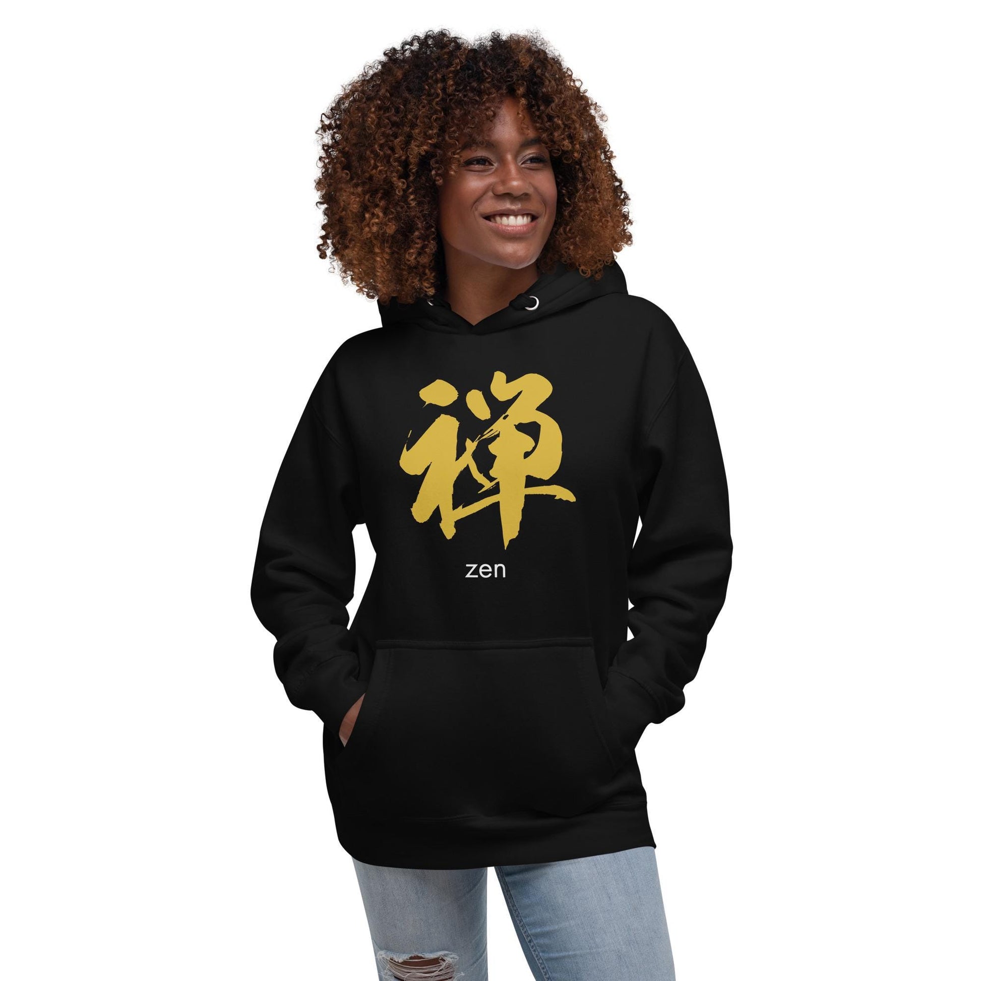 Zen Kanji Hoodie – Japanese “Zen” Calligraphy Hoodie, Gold Kanji Meditation Design, Minimal Aesthetic Unisex Black Hoodie, Mindfulness Gift
